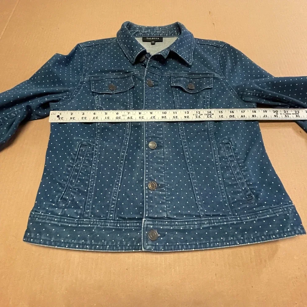 Talbots‎ Women's Sz Medium Navy Polka Dot Jean Denim Jacket Cotton Stretch